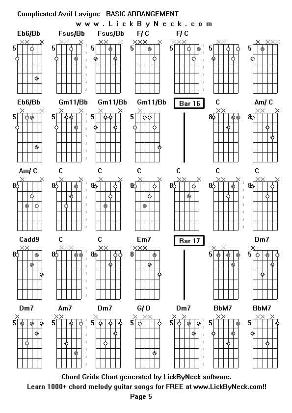 Chord Grids Chart of chord melody fingerstyle guitar song-Complicated-Avril Lavigne - BASIC ARRANGEMENT,generated by LickByNeck software.